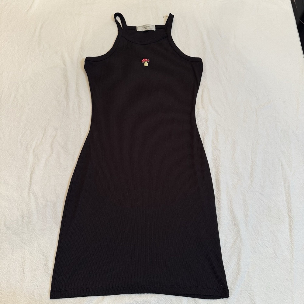 No Comment NY LA Women Small Black Ribbed Knit Dress Mushroom Bodycon Mini